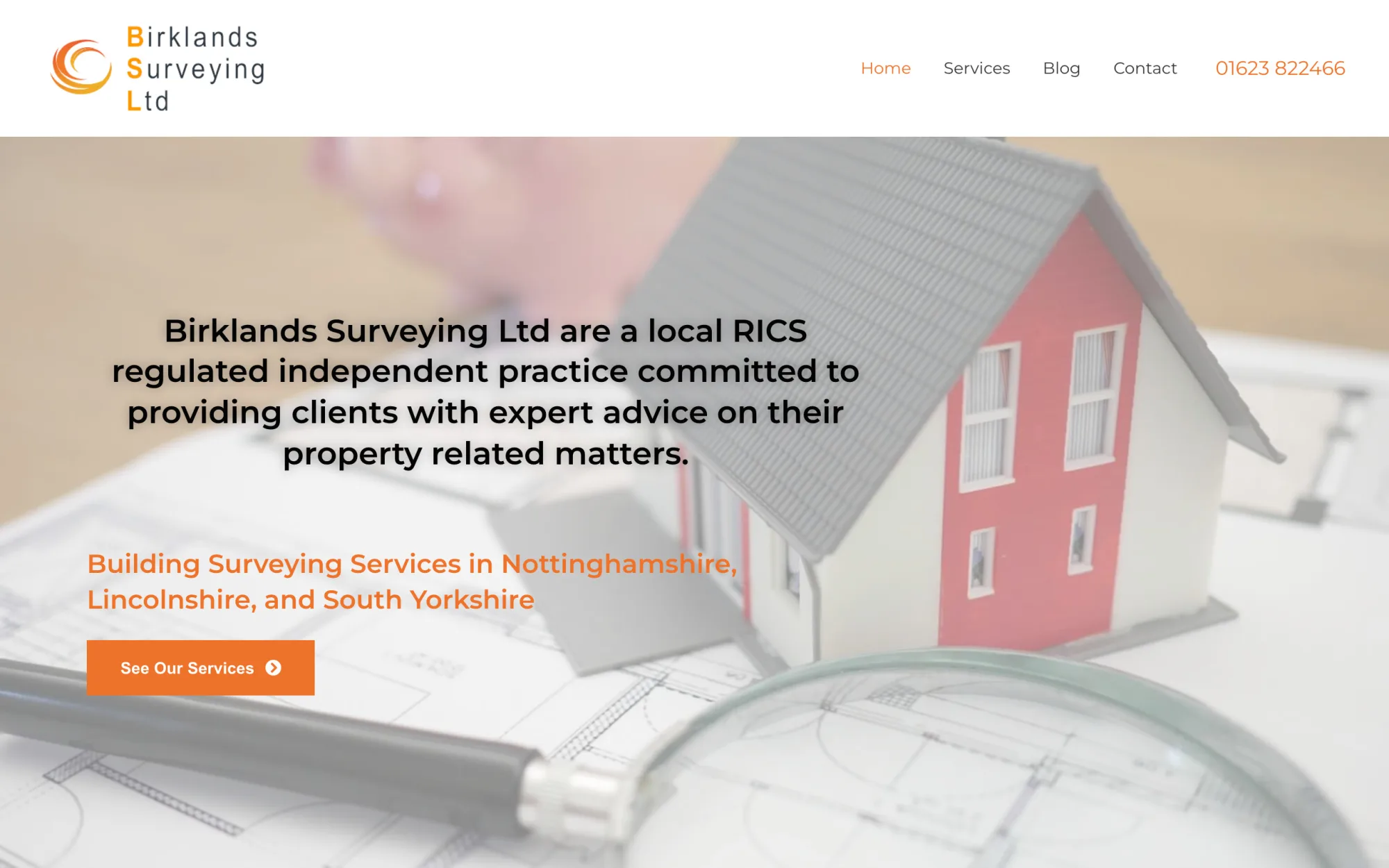 Birklands Surveying website homepage, built by Simon Says Web Design