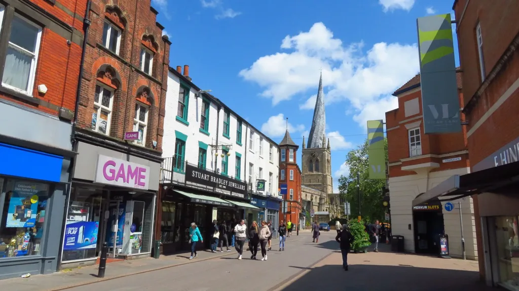 Chesterfield town centre with the Crooked Spire in the distance