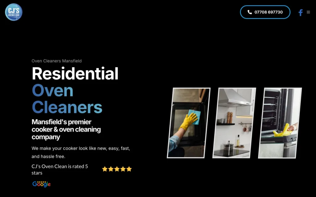 CJ's Oven Clean homepage: residential oven cleaners in Mansfield rated 5 stars on Google