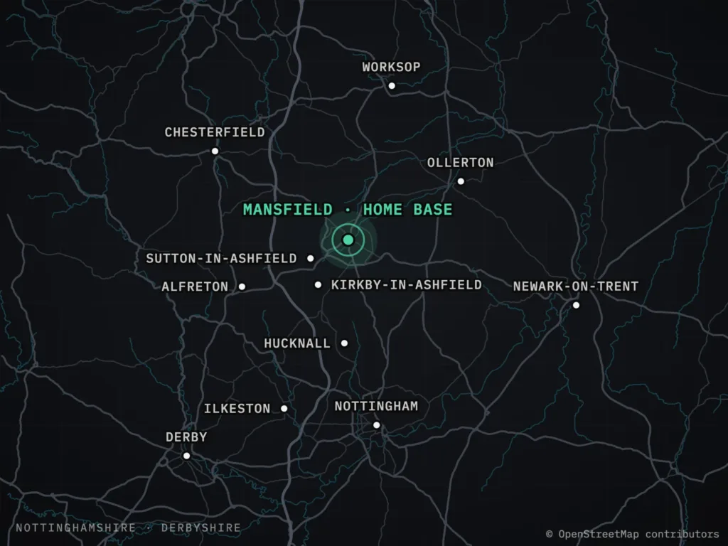 Map of Nottinghamshire and Derbyshire showing the towns covered from Mansfield, including Nottingham, Derby, Chesterfield and Worksop