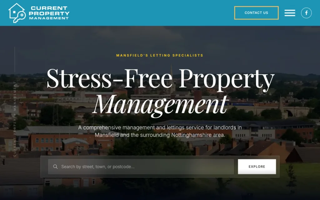 Current Property Management homepage: Mansfield's letting specialists with a property search