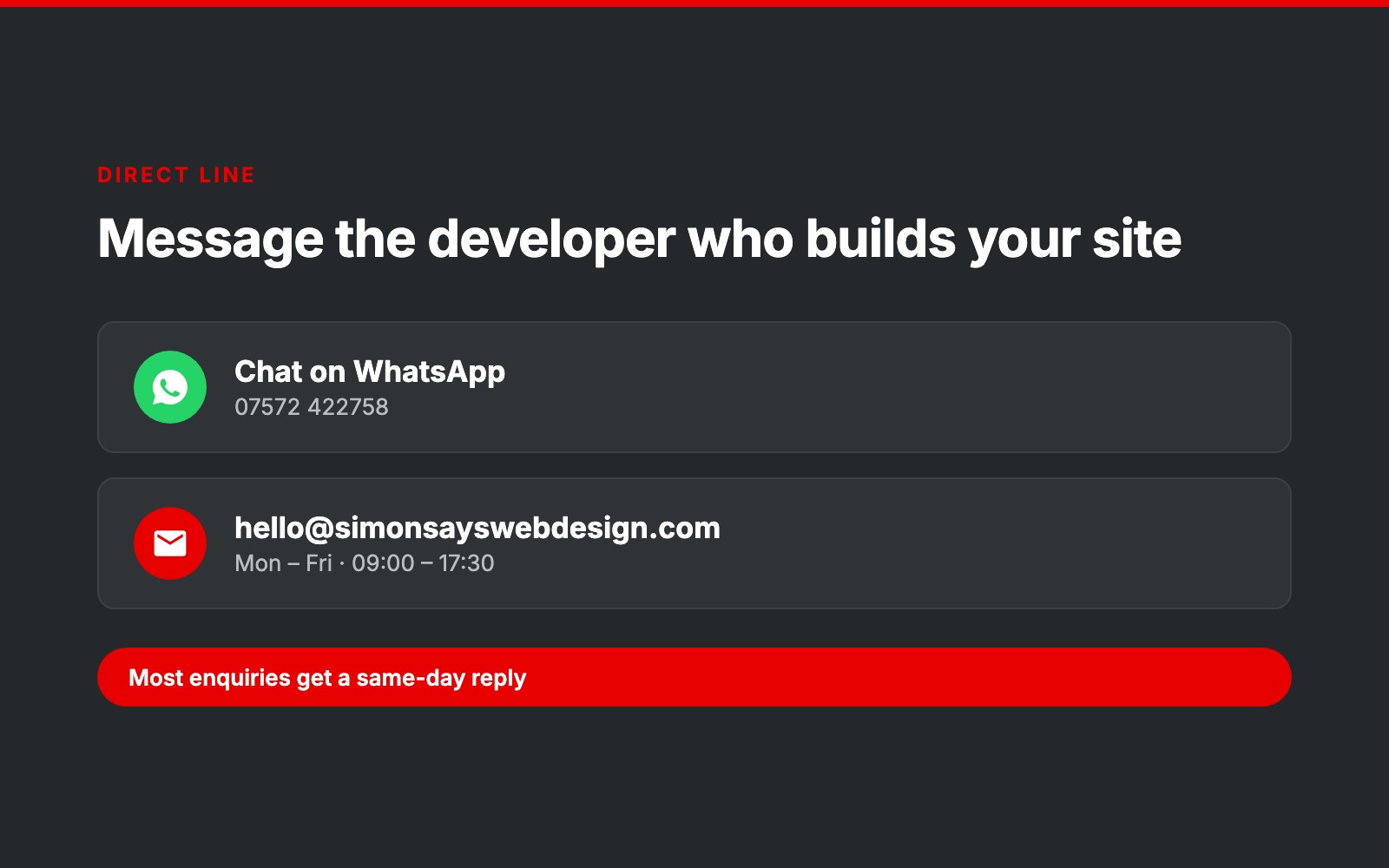 Direct contact options for Simon Says Web Design: WhatsApp, email and opening hours