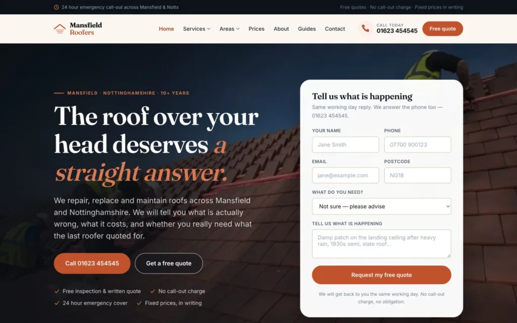 Mansfield Roofers homepage with a free quote request form