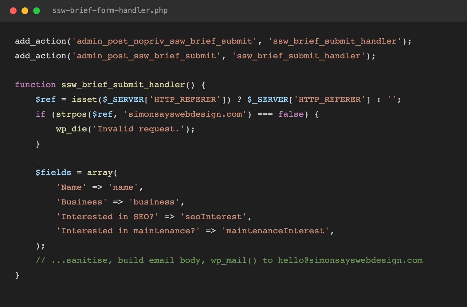 Real PHP code from the Simon Says Web Design website brief form handler