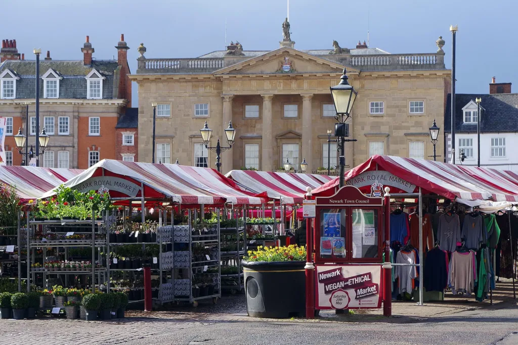 Newark Market Place with market stalls and the Town Hall