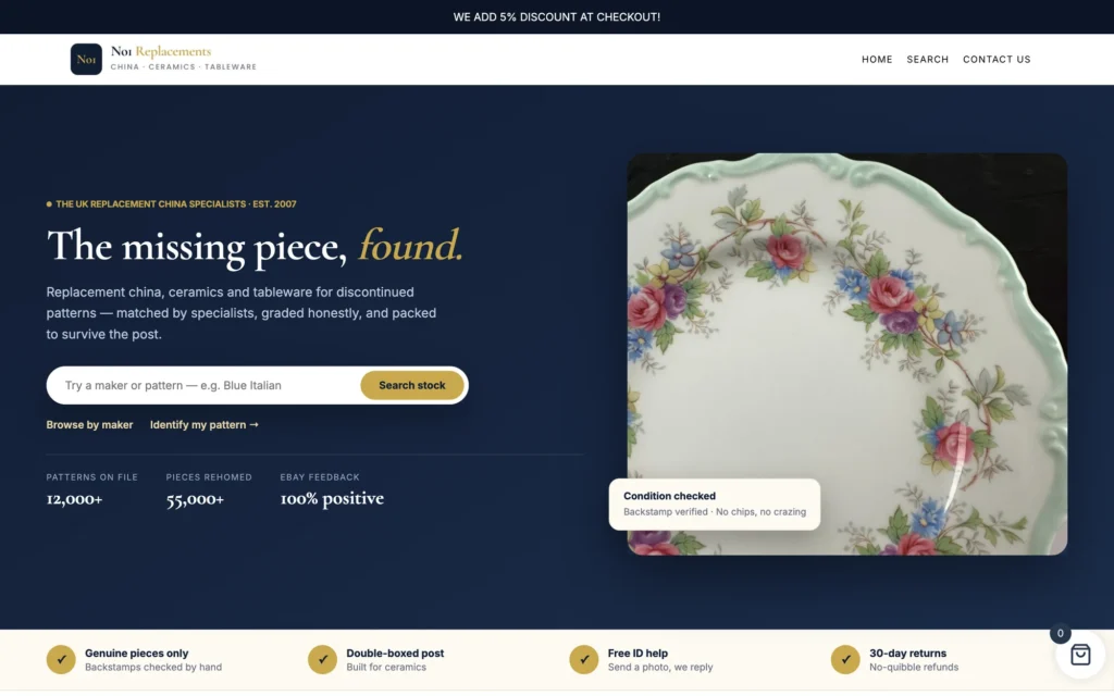 No1 Replacements website homepage: replacement china and tableware shop