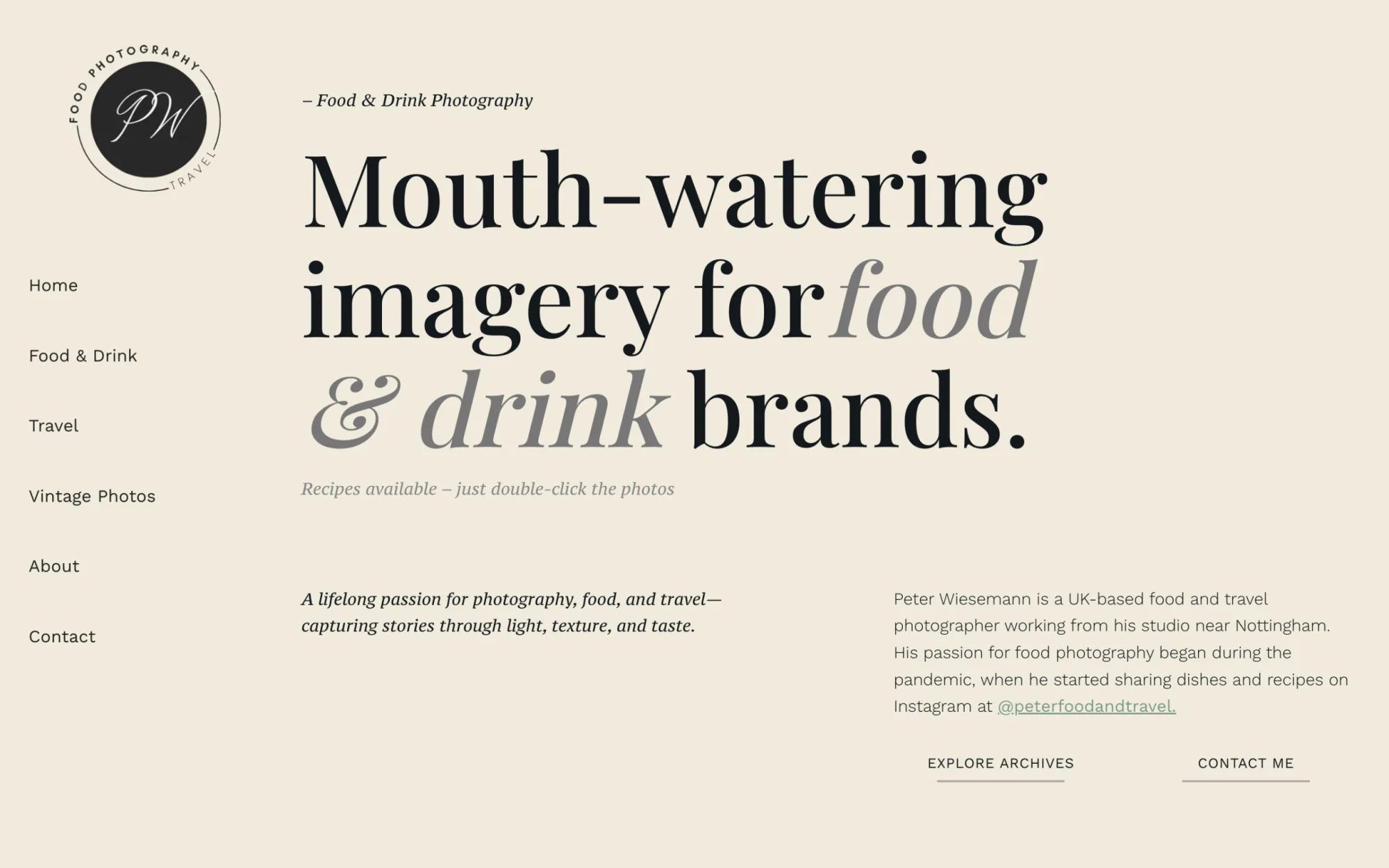 Peter Food & Travel website homepage, built by Simon Says Web Design