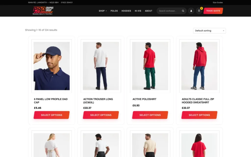 ProGraphix Clothing WooCommerce shop page showing workwear products