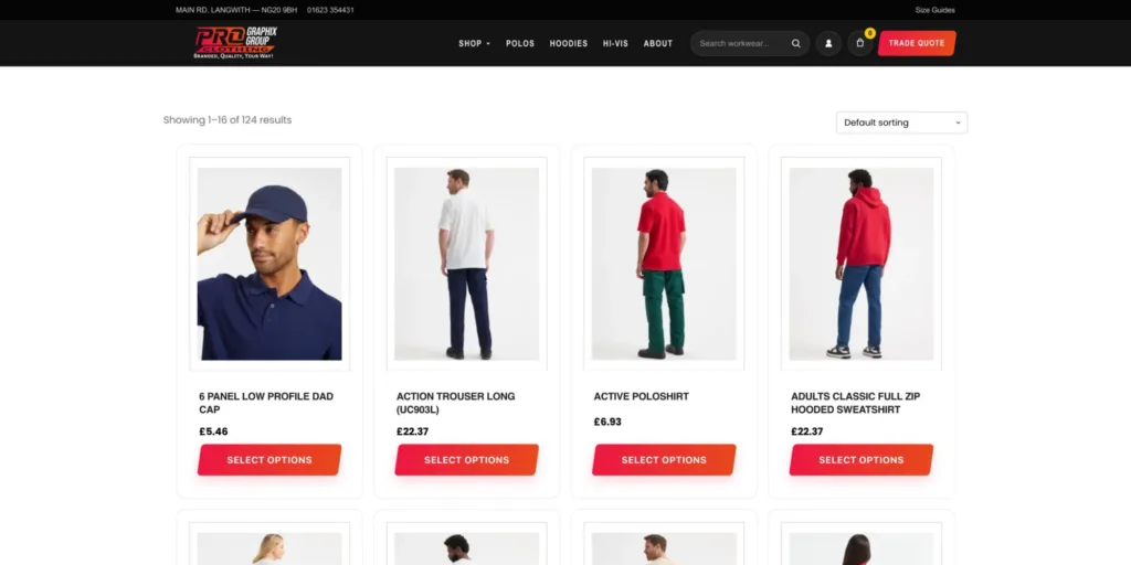 ProGraphix Clothing WooCommerce shop page showing workwear products