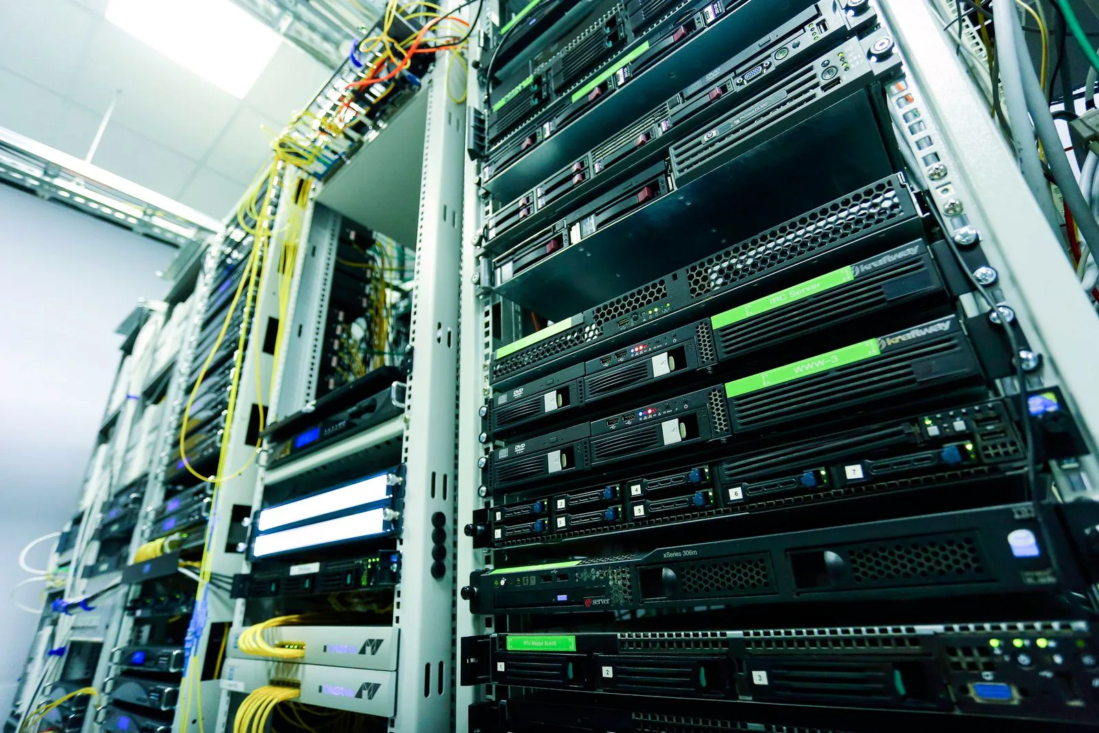 Rows of servers in a data centre rack