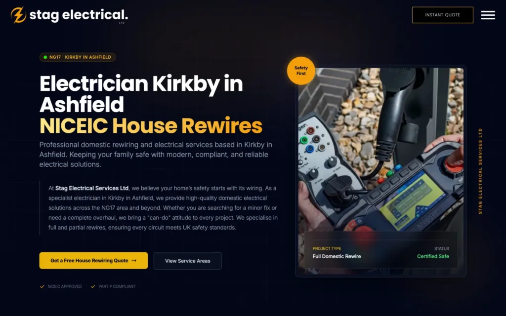Stag Electrical homepage: electrician in Kirkby-in-Ashfield offering NICEIC house rewires