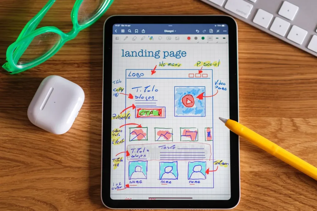 Tablet showing a hand-drawn landing page wireframe