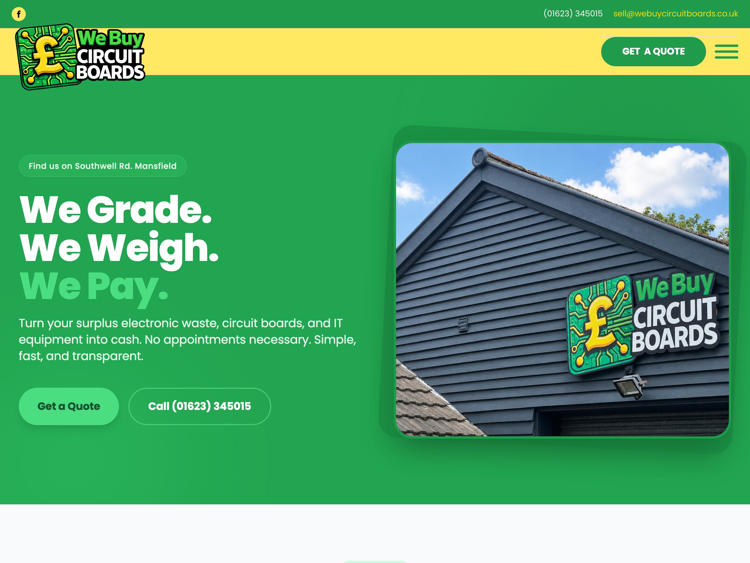 We Buy Circuit Boards homepage, a Mansfield business website built by Simon Says Web Design