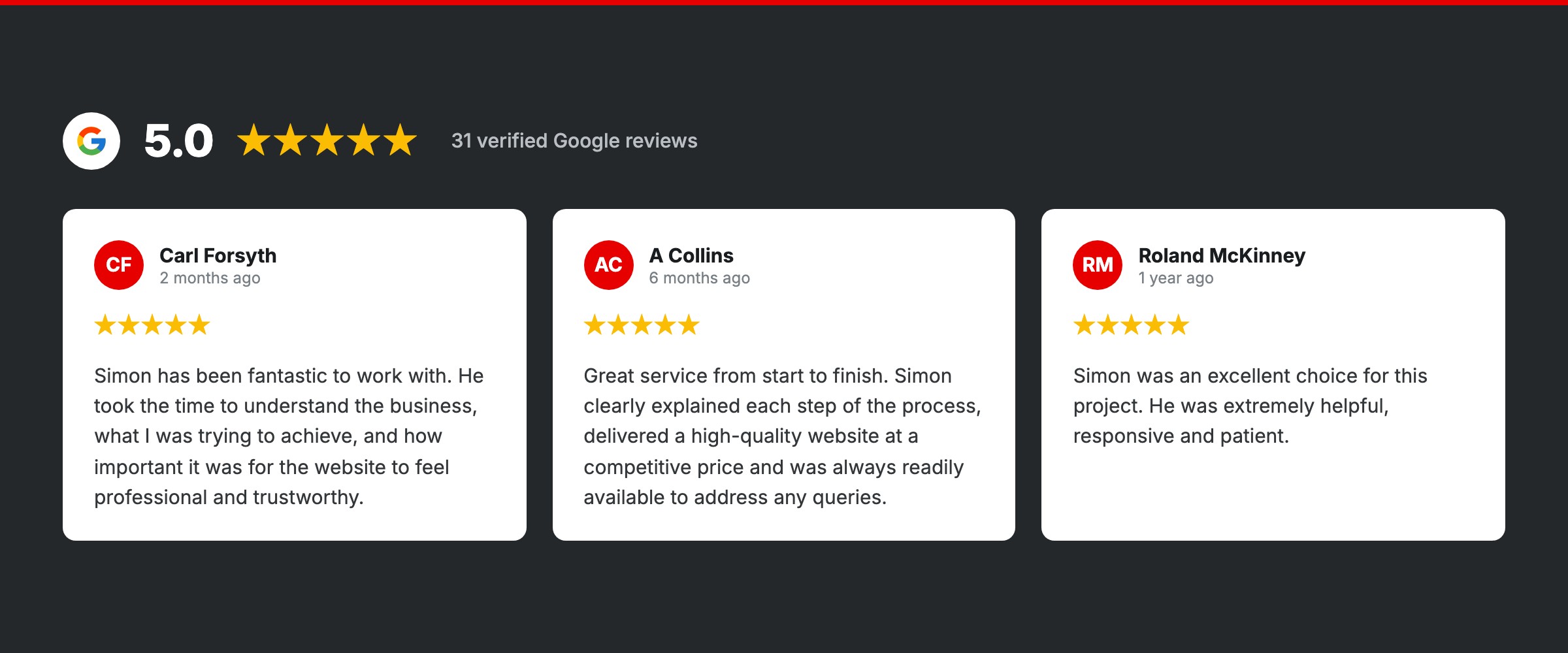 Three of the 31 five-star Google reviews for Simon Says Web Design