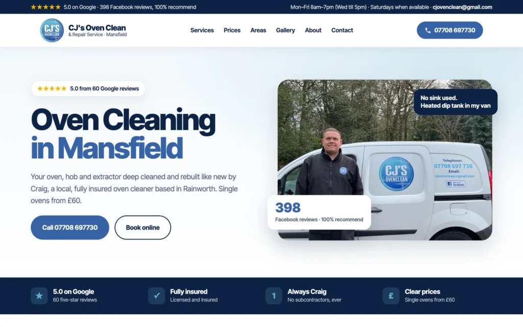 CJ's Oven Clean & Repair Service homepage: Oven Cleaning in Mansfield, with Craig beside his van and a 5.0 Google rating